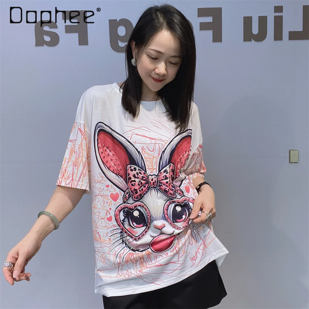 

Women's Clothing Summer Round Neck Pullover Printed Short-sleeved Top Women's Fashion Heavy Industry Beaded Hot Diamond T-shirt