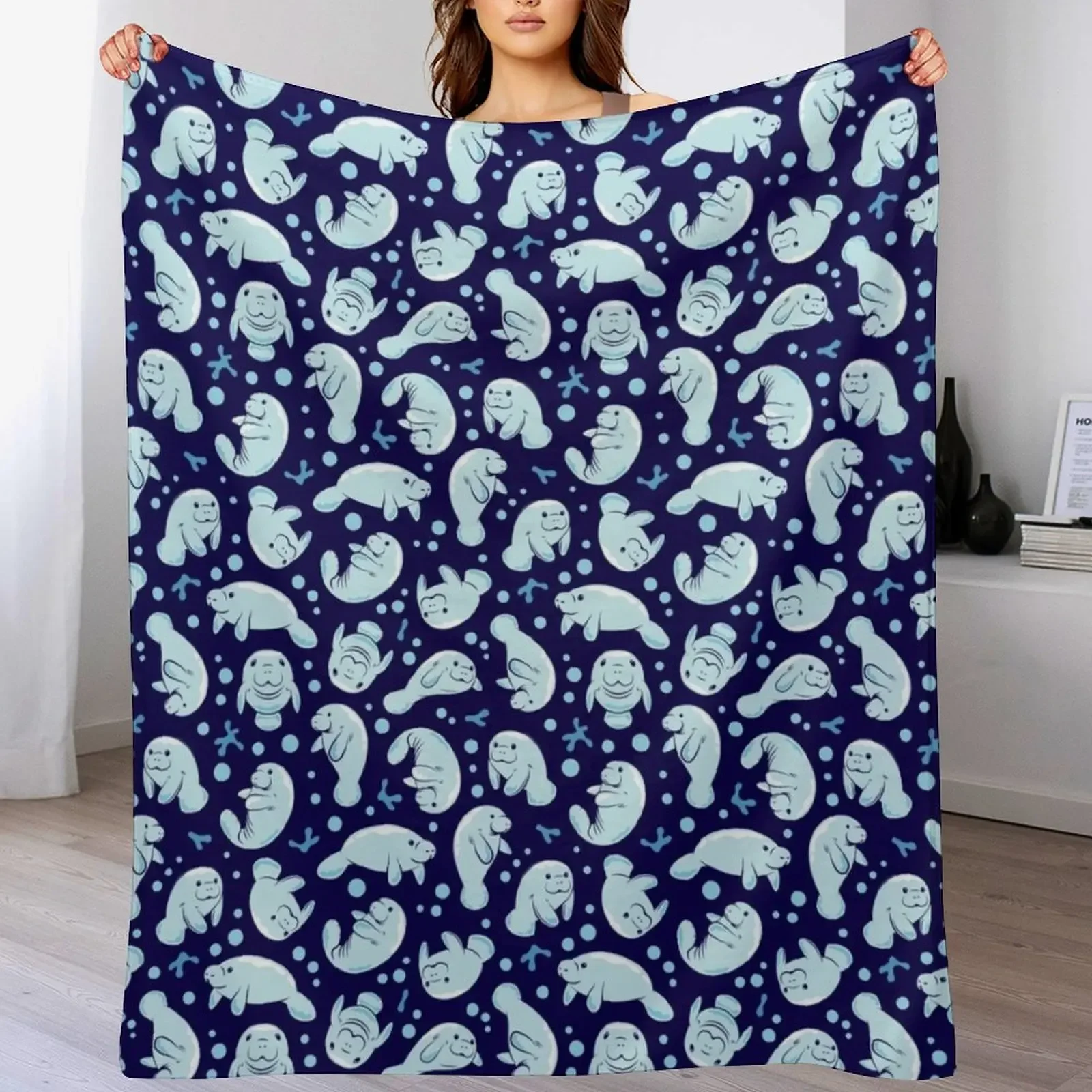 Cute Manatee Pattern - Blue Underwater Pattern Throw Blanket Giant Sofa Picnic Blankets