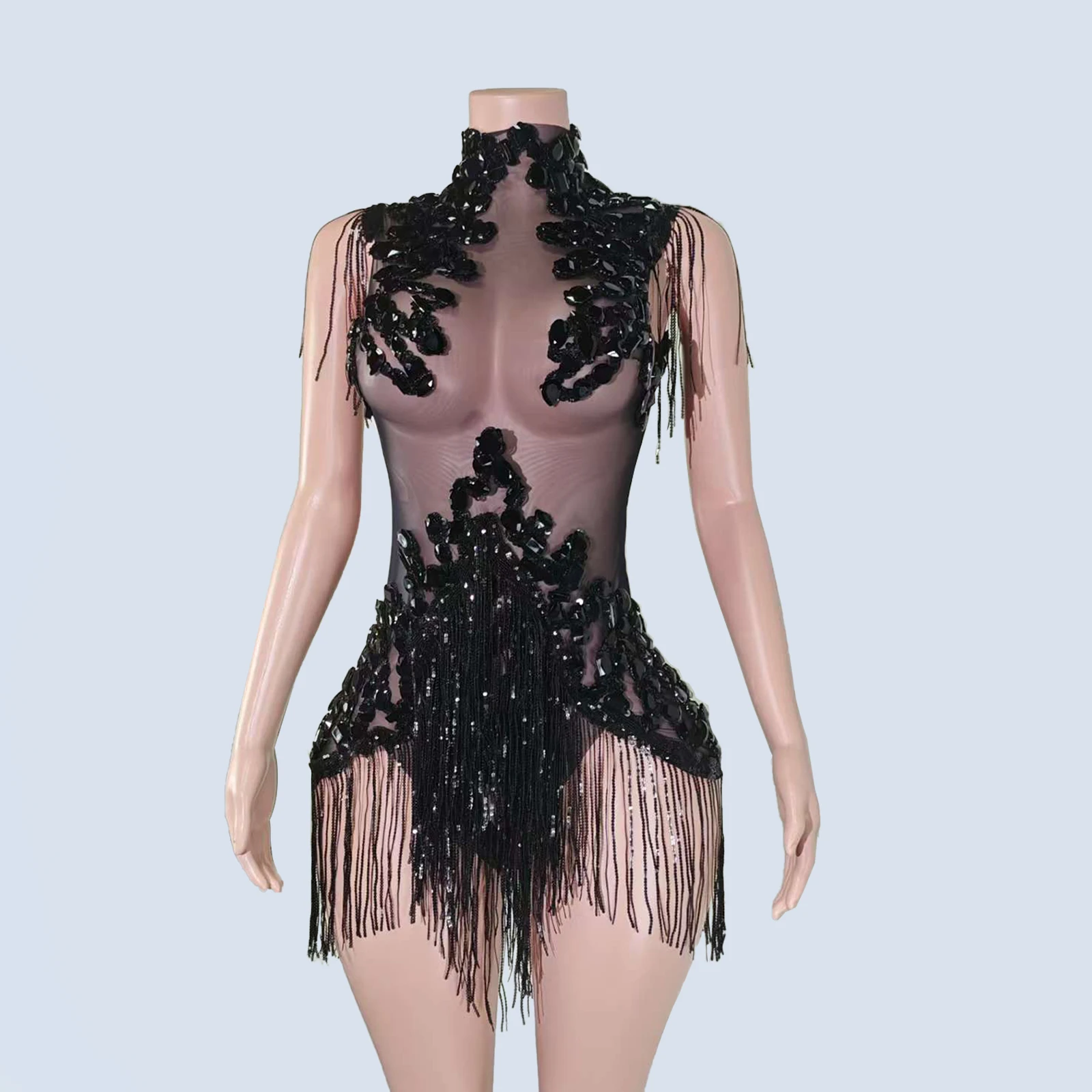 Zwarte pailletten franjes turnpakje mesh doorzichtige party bodysuit dames glittersteentjes nachtclub prom gogo dans podiumoutfits