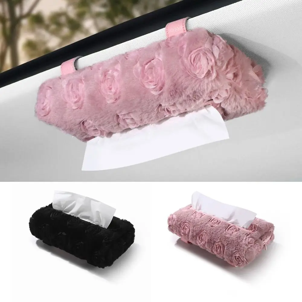 

Car Accessories Leather Rose Tissue Box Pink Black Cute Napkin Box Organizer Hanging Sunvisor Tissue Case Car Supplies