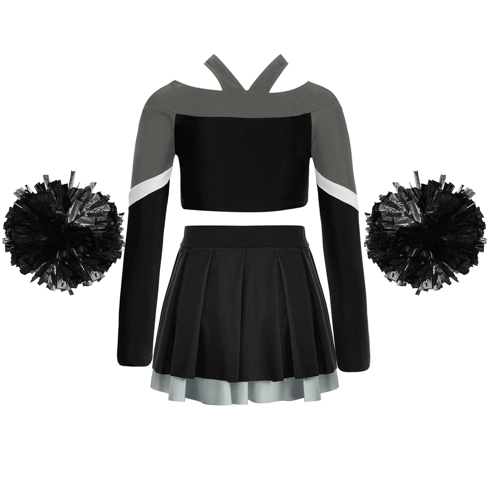 Girls Cheerleading Hip Hop Dance Costumes Outfit 3Pcs Long Sleeve Letter Print Color Block Crop Top+Pleated Skirt+Flower Balls