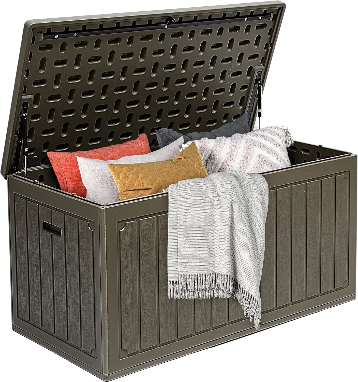 

90 Gallon Double-Wall Deck Box, Large Resin Outdoor Storage Box, Lockable as Seating, 450lbs Capacity (Light Brown)