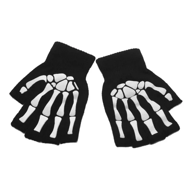 1/3/6 pares de guantes de medio dedo con esqueleto de Halloween que brillan en la oscuridad, guantes de invierno de punto elásticos sin dedos