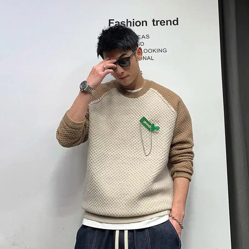 New Color Blocking Spliced Sweater for Men's Spring Fashion Brand Retro Korean Design Sense High Street Base Sweater