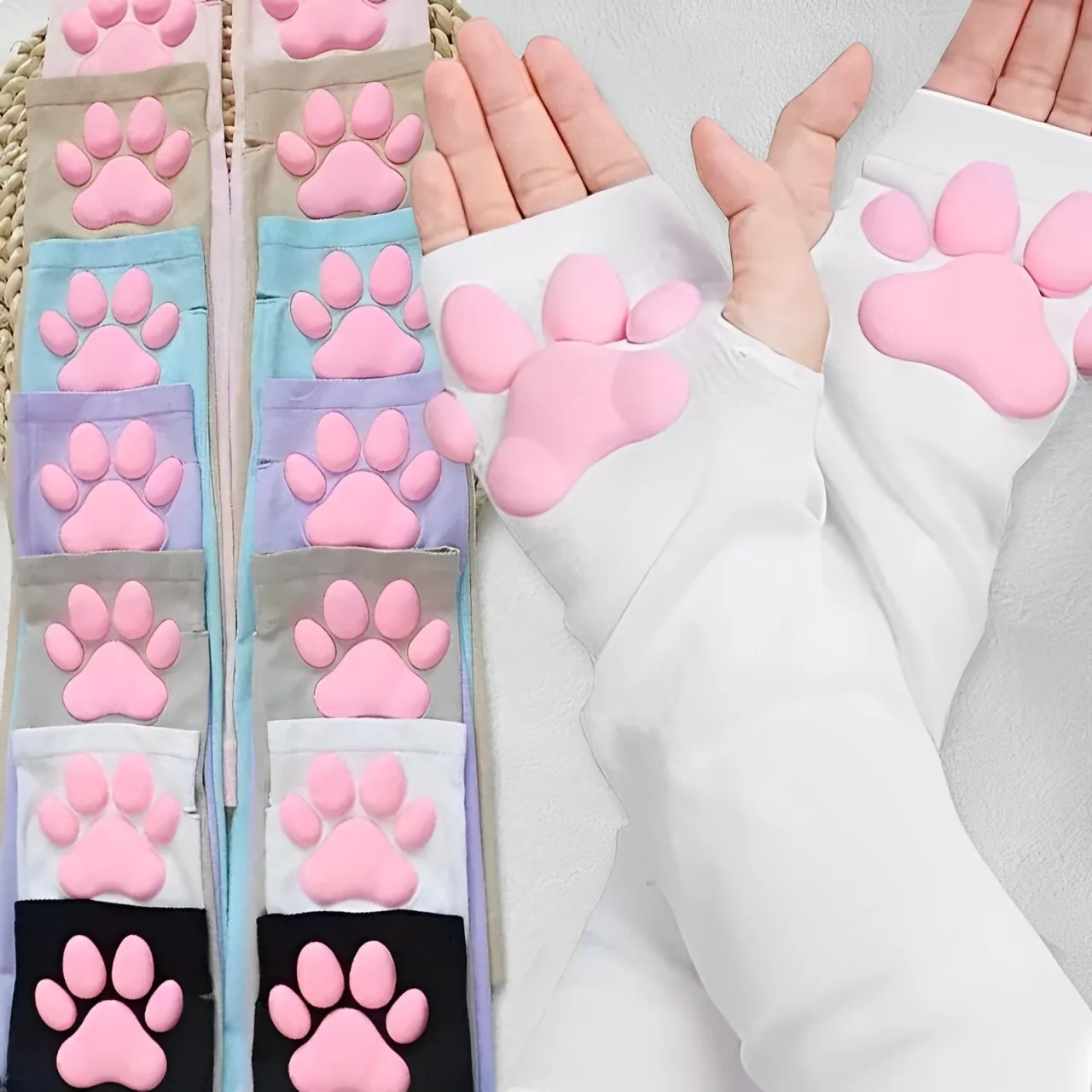 3D Silicone Pink Cat Claw Paw Pads Soft Fingerless Fluffy Sun Protection Cool Sleeves Cute Gloves Long Tube for Women Girl's