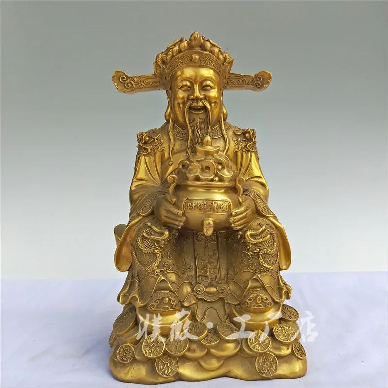 Brass statue of the God of Wealth, standing with ingots, treasure bowl, a gift for housewarming or business opening