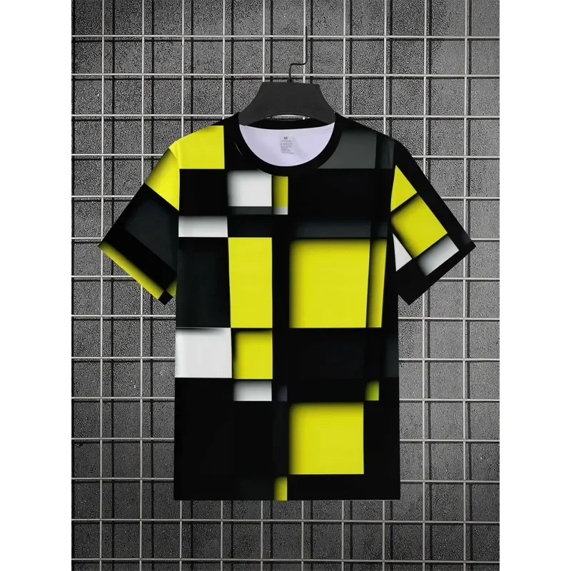 3D Digital Print Men Crew Neck Short Sleeve Tee Full Body Square Pattern Modern Streetwear Casual Top 2026 Fashion Trend