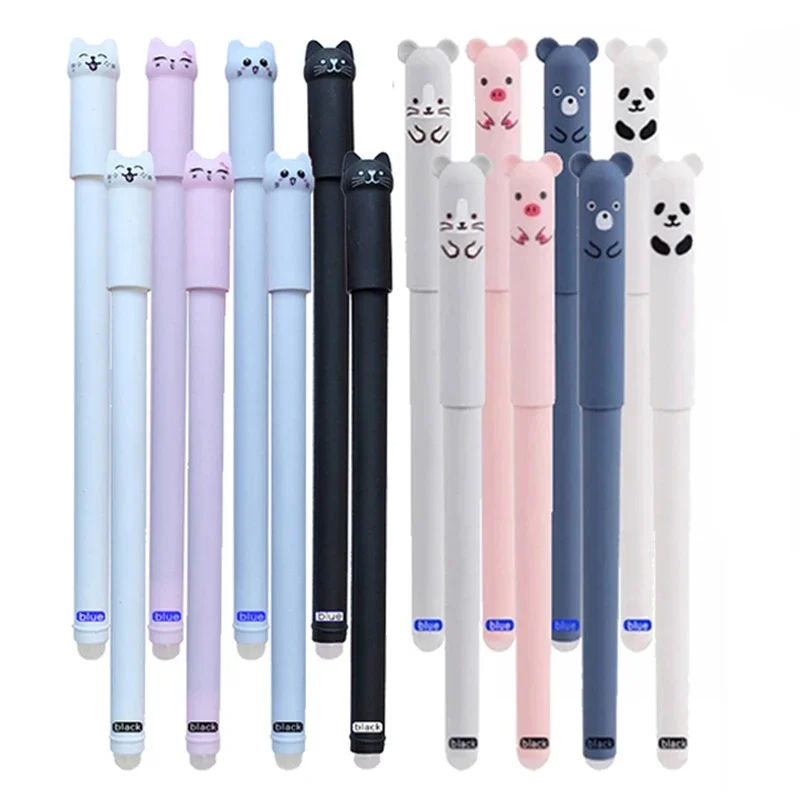 0.5mm Cute Little Bear and Kitten Shaped Erasable Gel Pen Set with Pen Case Blue Black Magic Refills Student Writing Stationery