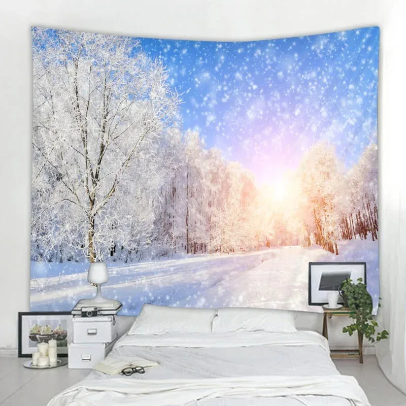 Christmas tapestry holiday decoration forest and snow scenery home art decoration bedroom background cloth hanging on the wall