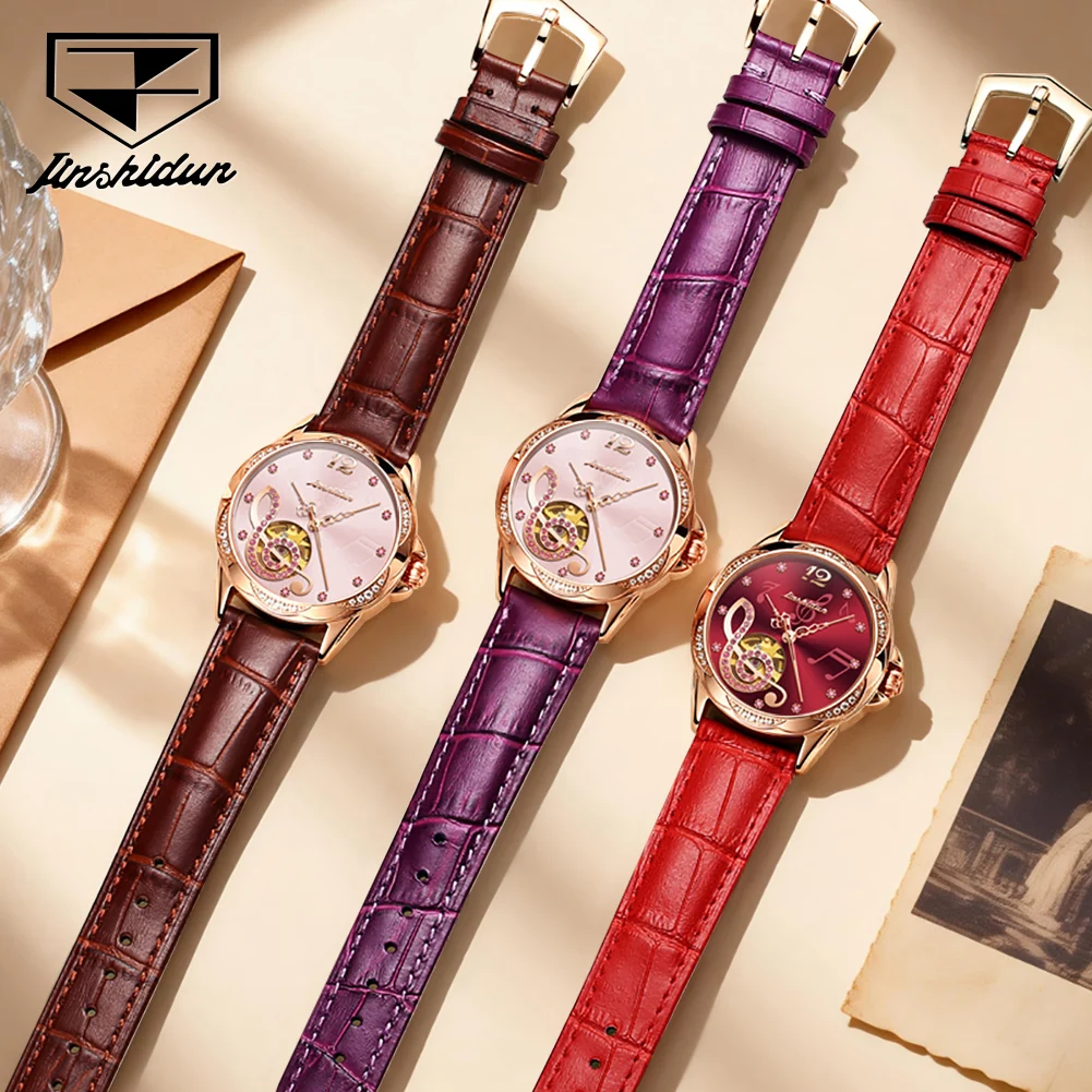 JSDUN 8820 Elegance Women Mechanical Movement Watch Diamond Music Note Dial Ceramic Stainless Steel 30m Waterproof Watch