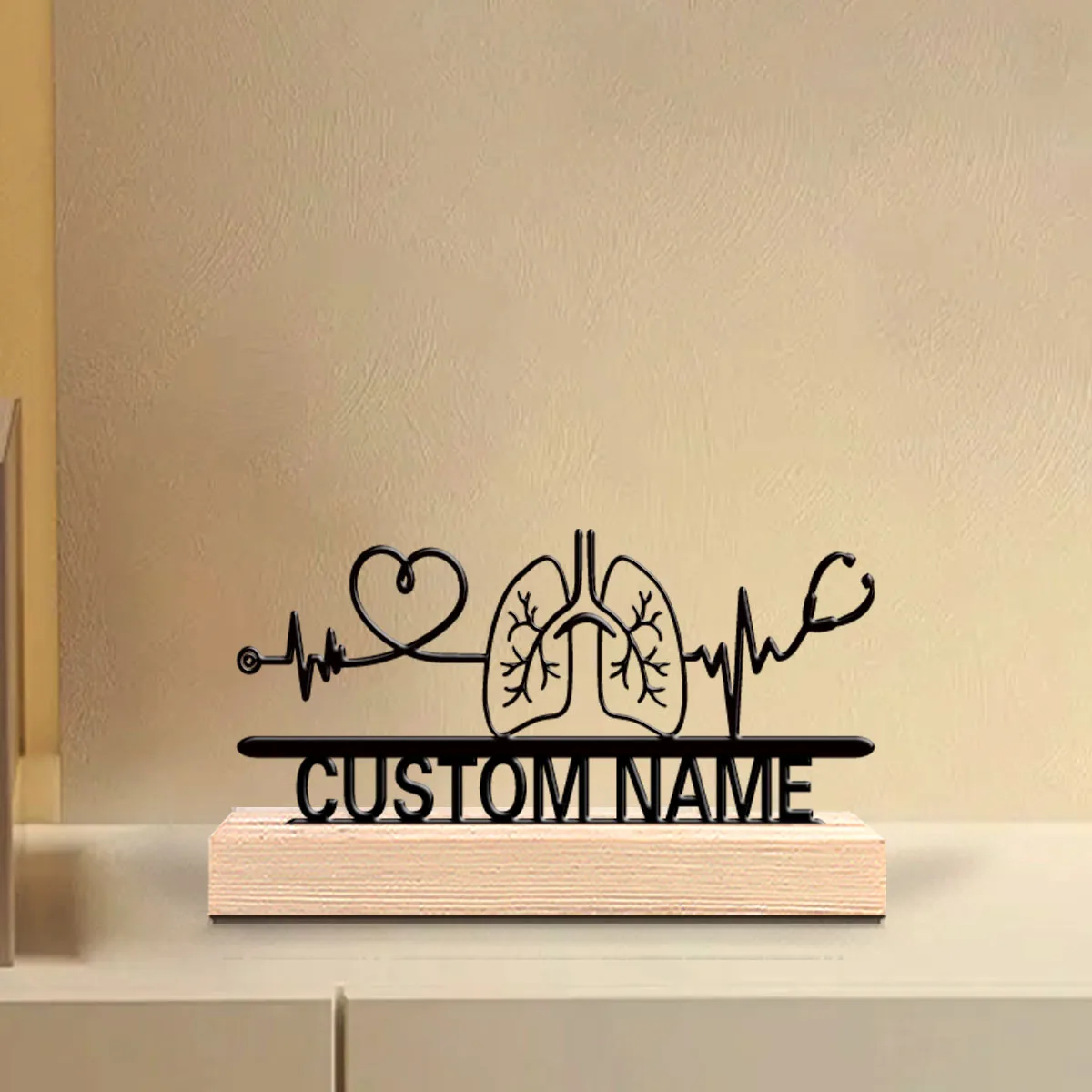 1pc Creative stethoscope Customized Letter Art Crafts With Wood Base Tin Ornament With Wood Base Study Desktop Decoration