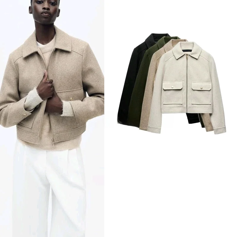 

Spring New Arrival Women's Jaet Zipper Decorated Soft Comfortable Simple Long Sve Collar Coat Straight Cut Polyeste...
