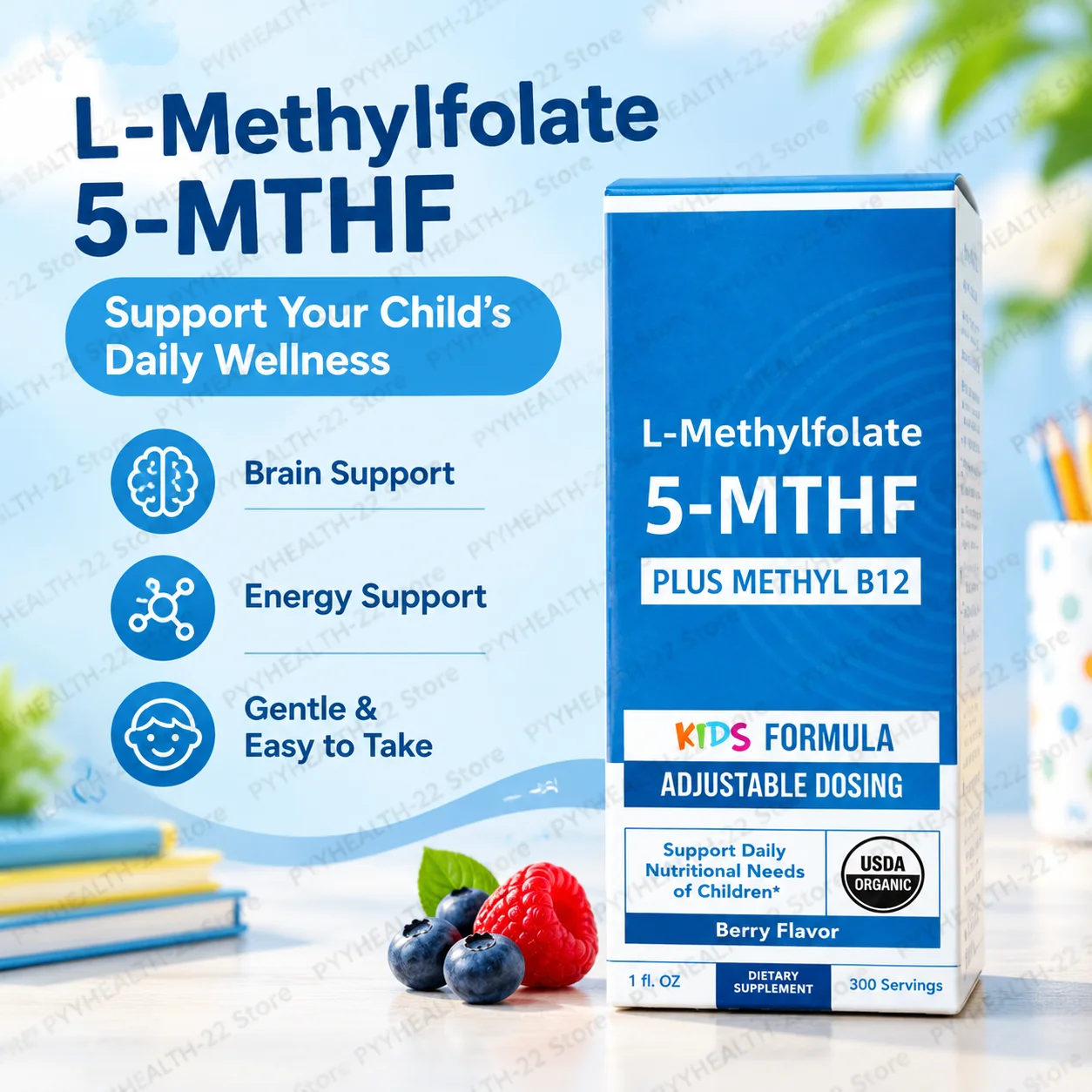 Kids L‑Methylfolate 5‑MTHF Drops with Methyl B12, Organic Berry Flavor Liquid Folate for Children, Methylation, Brain, 30ml