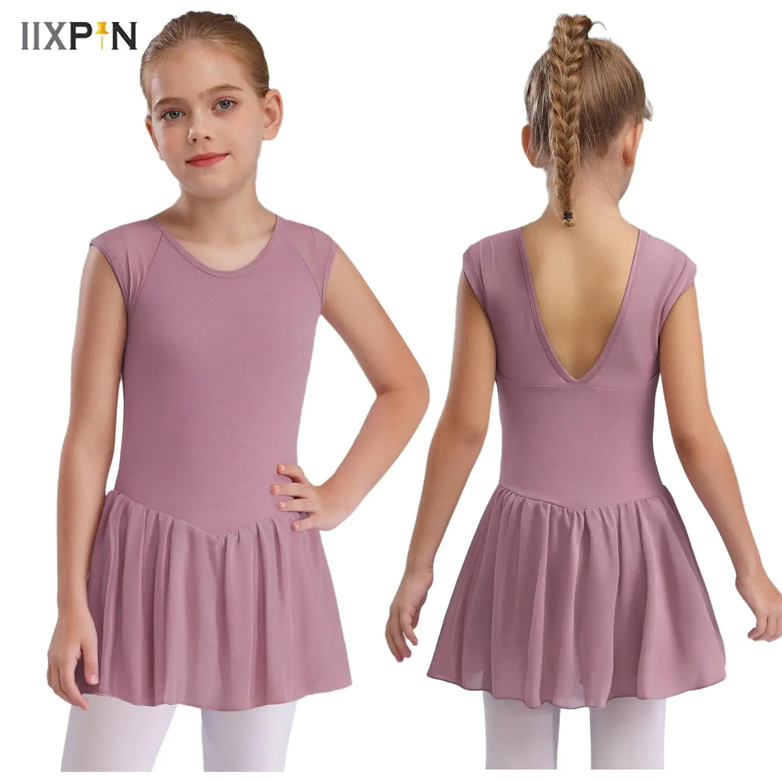 

Kids Girls Ballet Dance Practice Costume Cotton Sleeveless V-Back Sheer Mesh Patchwork Leotard Dress Ballerina Dresses Training