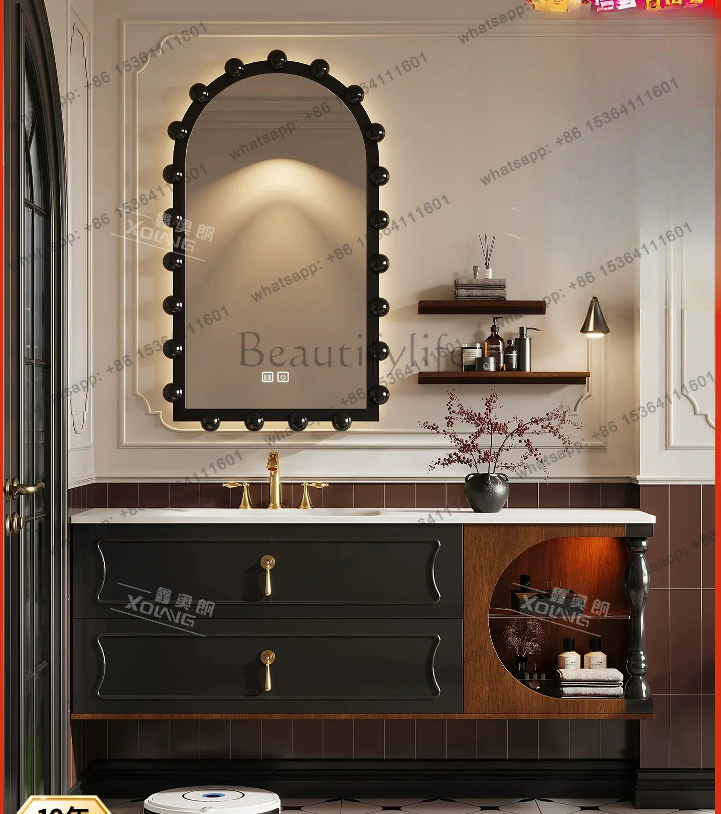 Oak French Vintage Bathroom Cabinet Combination Toilet Wash Table Hand Washbasin Side Open Grid