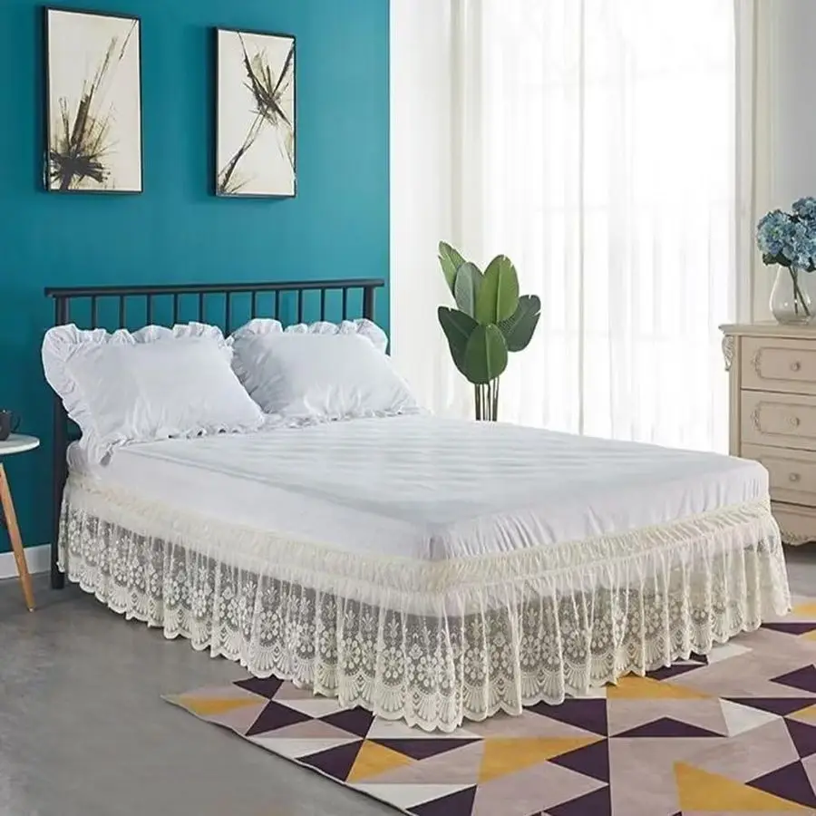 

Lace Trimmed Elastic Bed Wrap, Easy Fit Dust Ruffle Bedskirt, White Beige, King