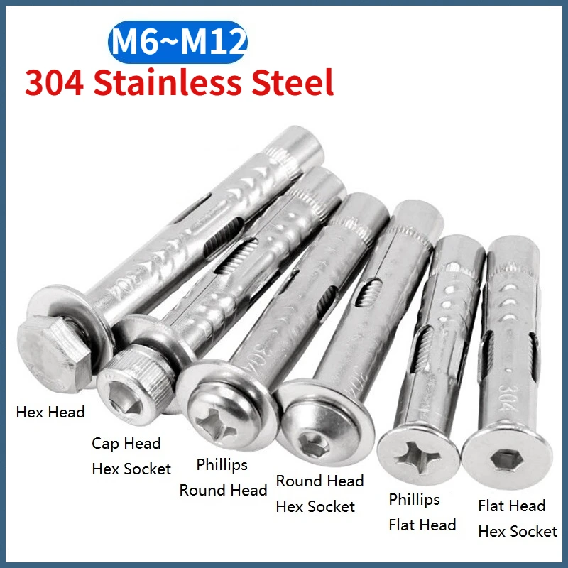 SUS304 Stainless Steel Built-in Tension Expansion Screw Sleeve Concrete Anchor Hex/Cap/Round/Countersunk Socket/Phillips Bolt