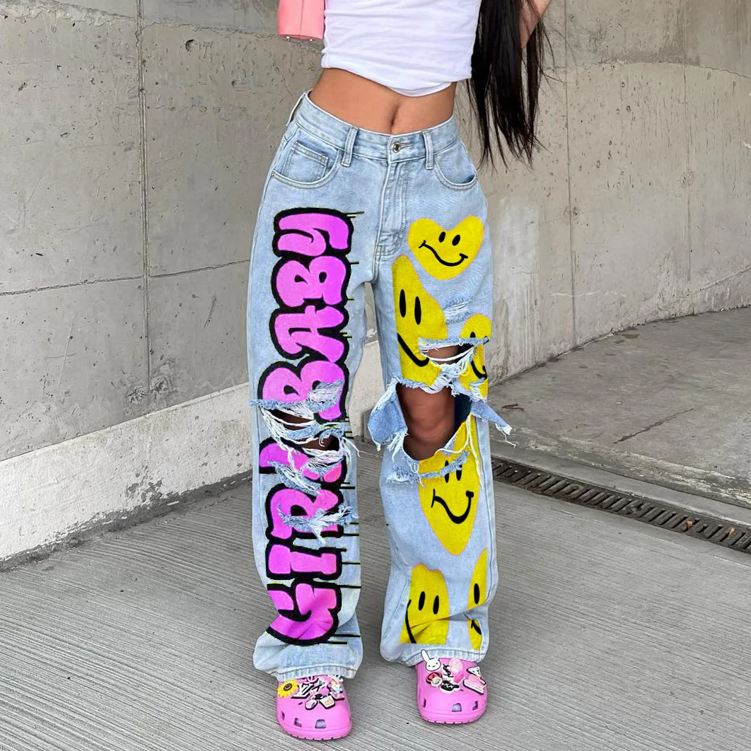 Women's Jeanswomen's 2023 Spring And Autumn New Spicy Girls Street Fashion INS Network Red Letter Smiling Face Print Perforated