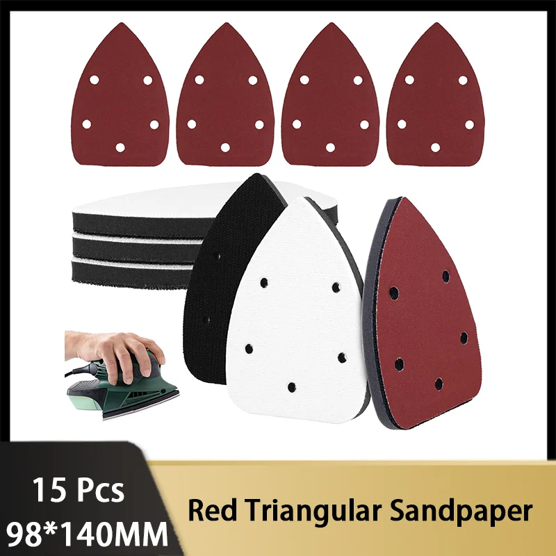 

15 Pcs 98*140MM Triangular Sandpaper 5-Holes with Interface Pads Detail Sander Pads for Cushioning Flexibilit for Wood Metal