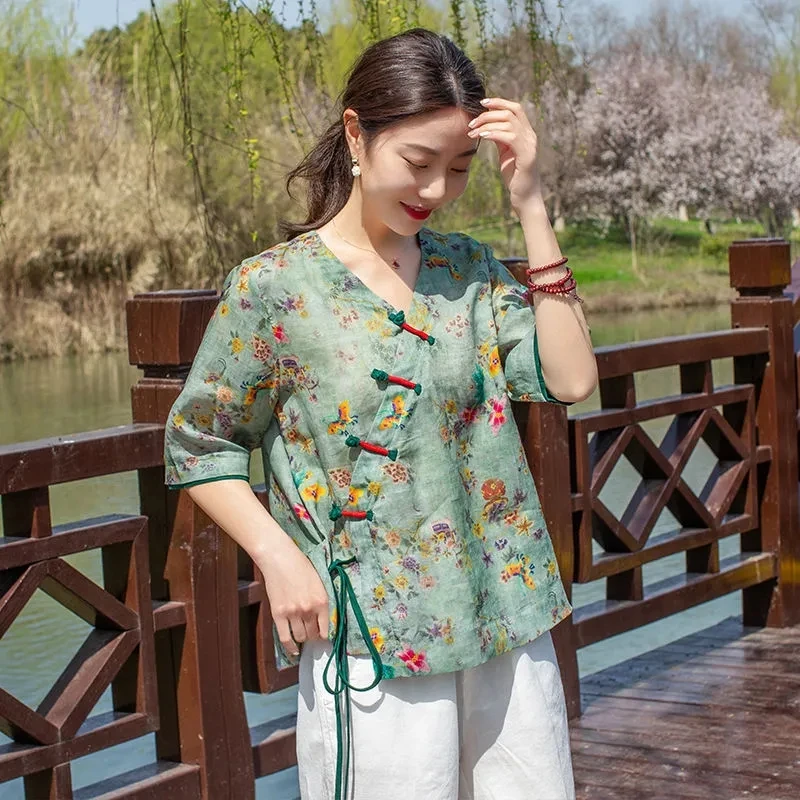 Hanfu blus musim panas wanita, atasan longgar mode Nasional leher V cetak bunga Vintage Hanfu wanita gaya China Modern