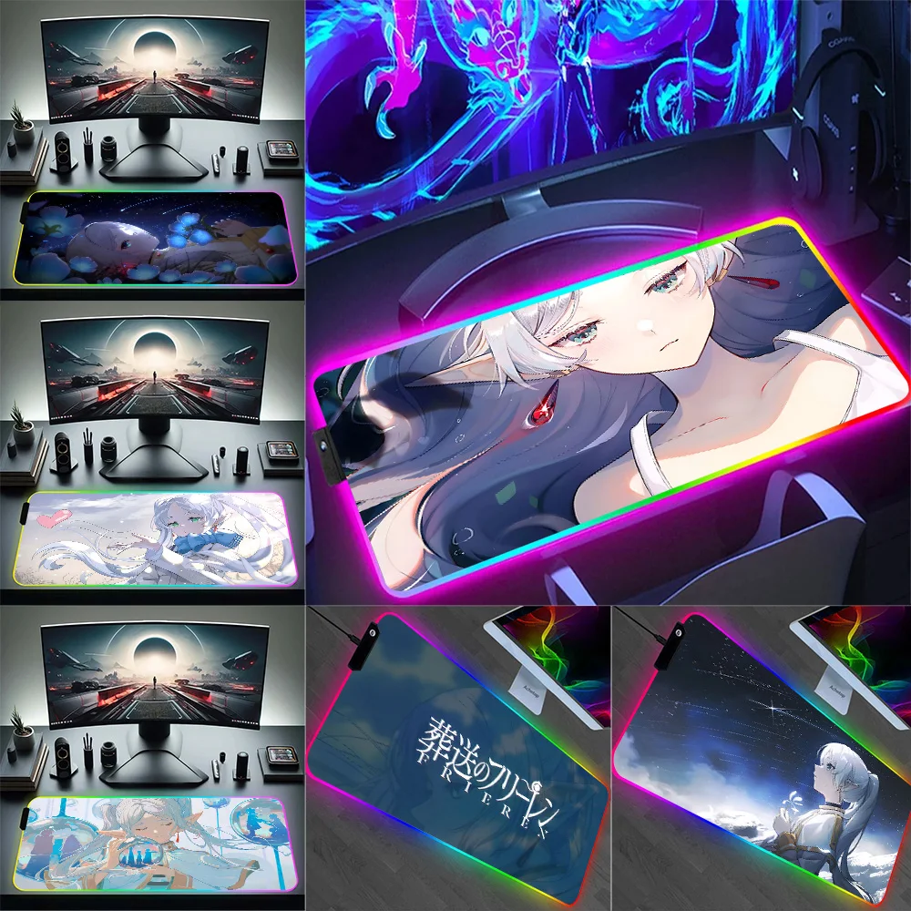 Hot Anime Frieren RGB Pc Gamer Keyboard Mouse Pad Mousepad LED Glowing Mouse Mats Rubber Gaming Computer Mausepad