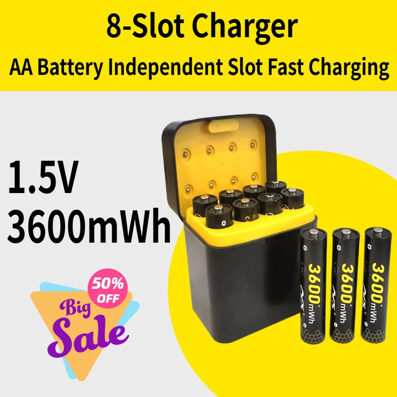 

8-Slot Charger Imuto 3600mWh AA Battery Charger Independent Slot Fast Charging for 1.5V Lithium Lion Rechargeable Batteries