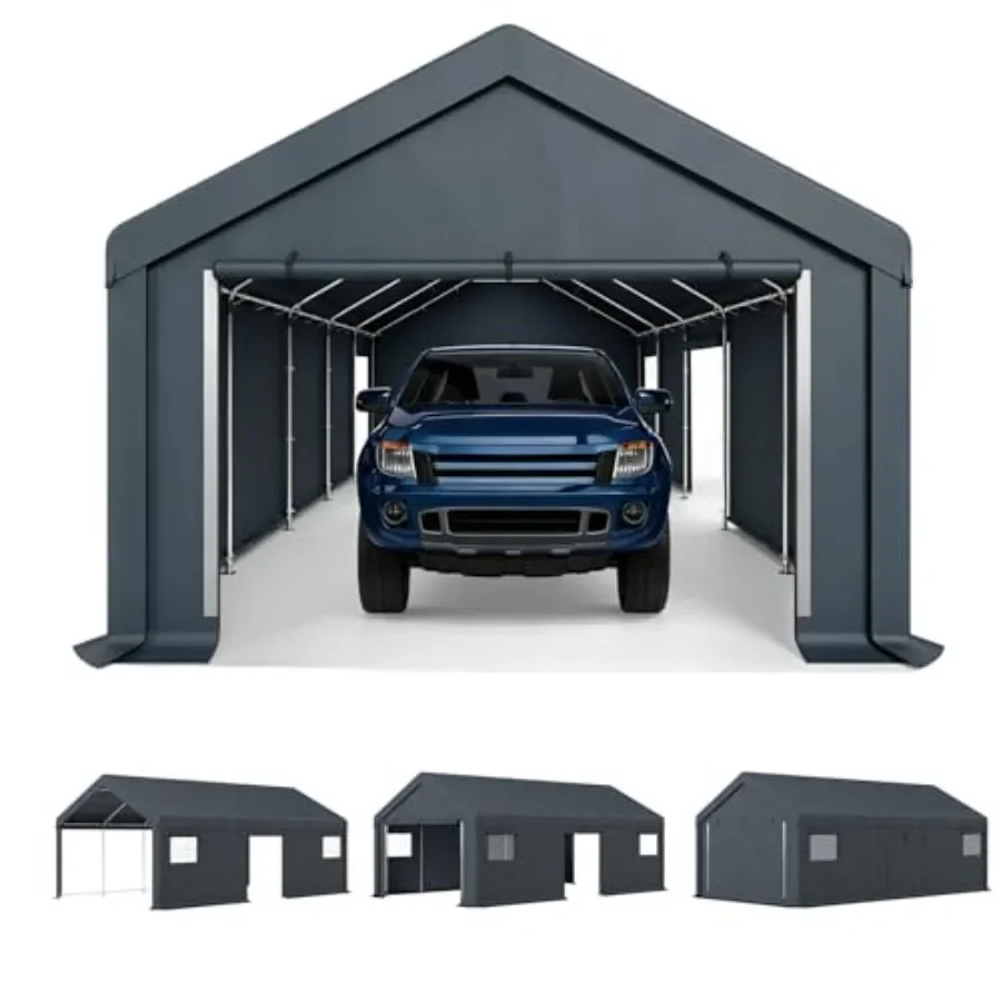 Portable garage carport for outdoor vehicle storage, durable polyethylene canopy, gray color, waterproof and UV-resistant