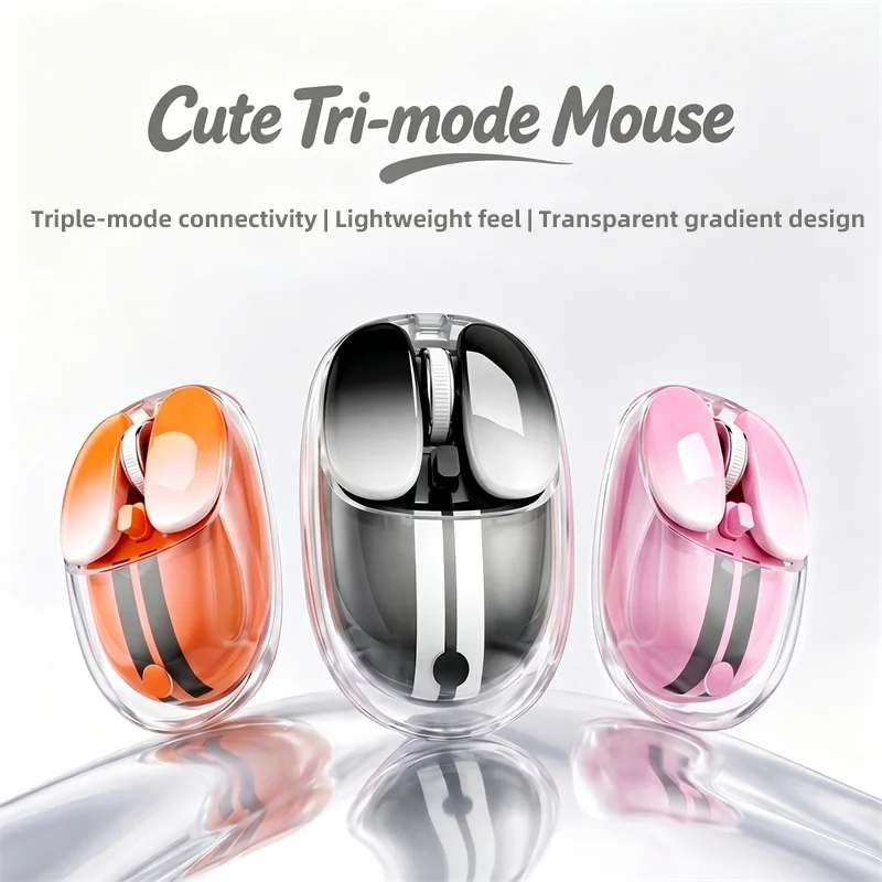 

Mini Mouse Three Mode Connection Rechargeable Low Noise Button Stylish Transparent Mouse Office Use Mause Small Hand Girl Use