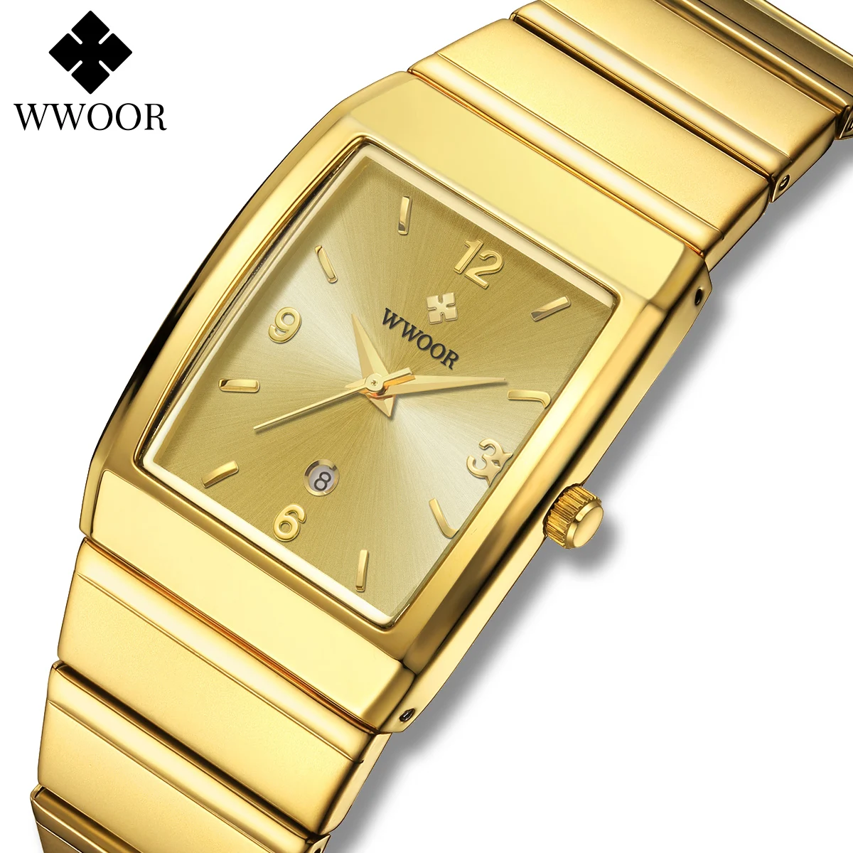 WWOOR-Montre carrée de luxe pour homme avec date automatique, acier inoxydable, or, montres-bracelets à quartz pour homme, nouveau