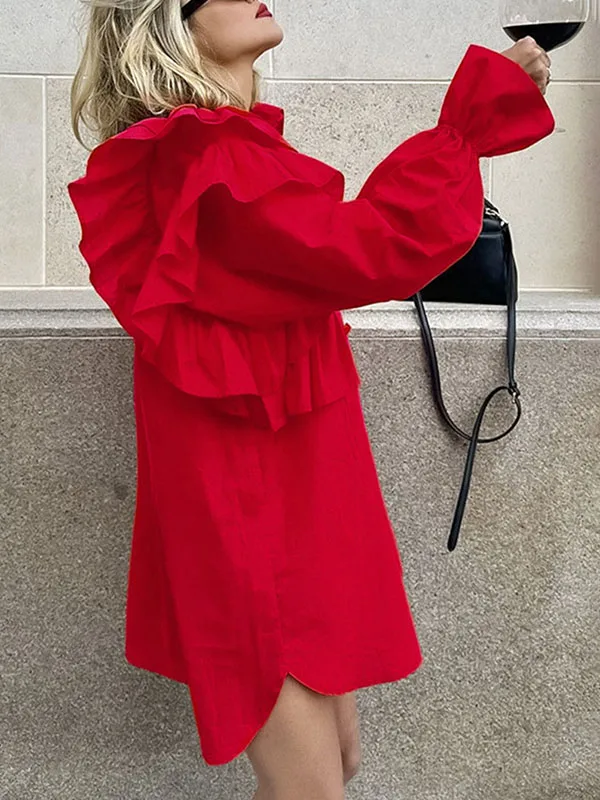فستان قميص تينيا أحمر مكشكش للنساء 2026 ربيعي قطن كبير الحجم بأكمام طويلة وكشكشة فساتين قصيرة غير رسمية بسيطة 144024 #2
