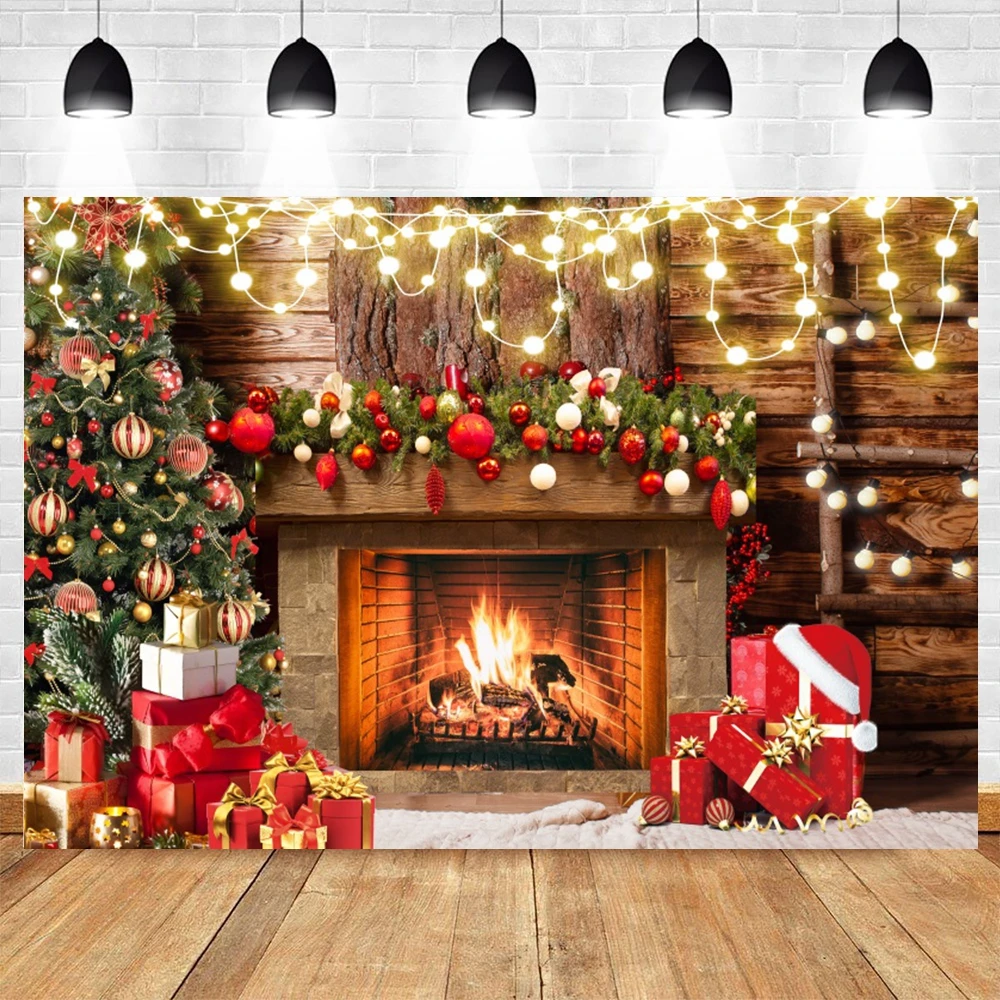 Christmas Fire Fireplace Backdrop Firewood Socks Red Bell Green Holly Leaves Home Xmas Party Photography Background Decor Banner