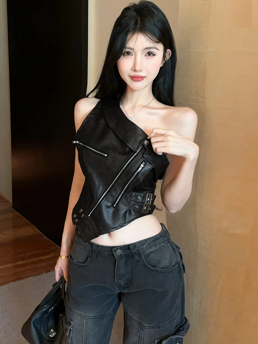 American Style Sexy Retro PU Leather Zipper Crossbody Waist Cinched Vest Women's Irregular Short Top Two-Way Wear Shoulder