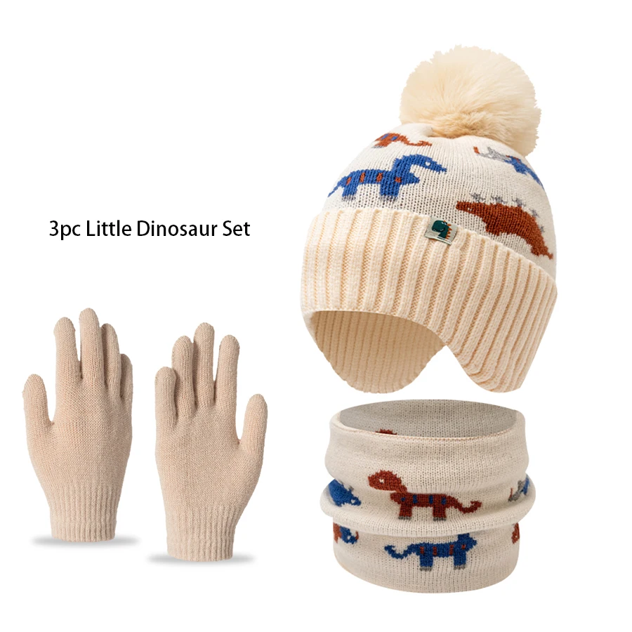 Conjunto de chapéu, cachecol e luva infantil 3pc3-12Y, para meninos e meninas no outono e inverno, chapéu de lã de malha quente, protetores de ouvido e