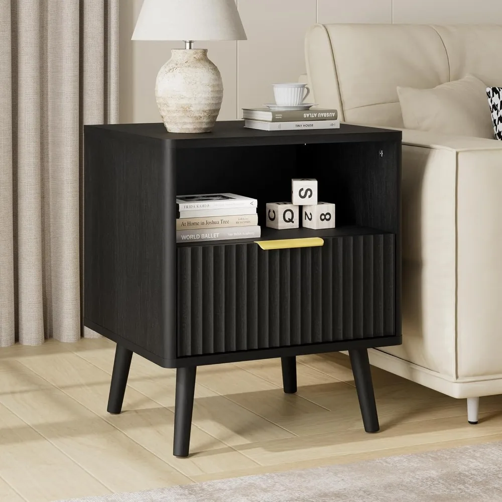 

Modern Fluted Nightstand with Drawer, Open Shelves, and Curved Wooden Design for Bedside