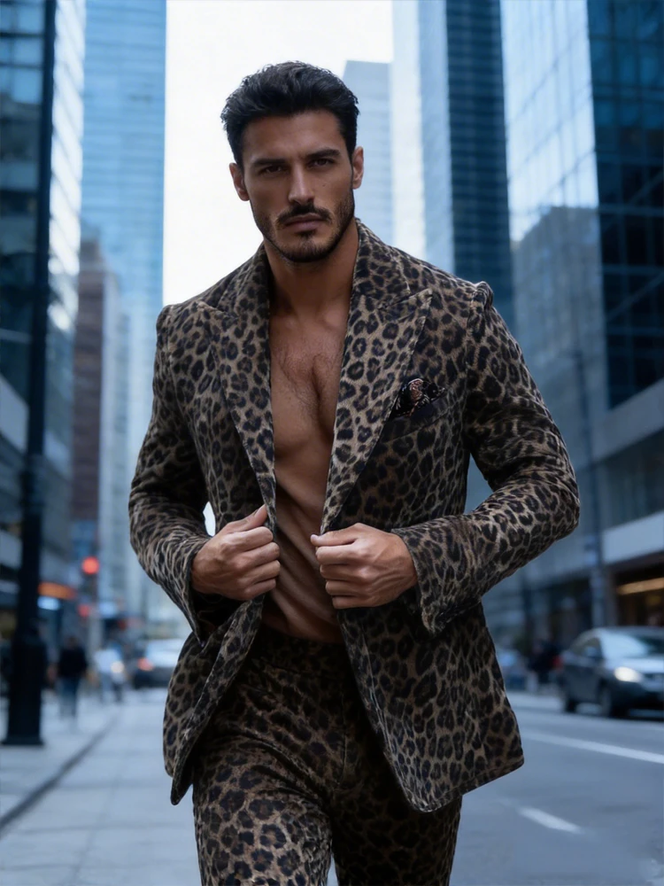 

New Men's Suit Jacket Leopard Print Velvet Single Breasted Slim Men's Suit Coat Casual Party Wild And Trendy Handsome Blazers