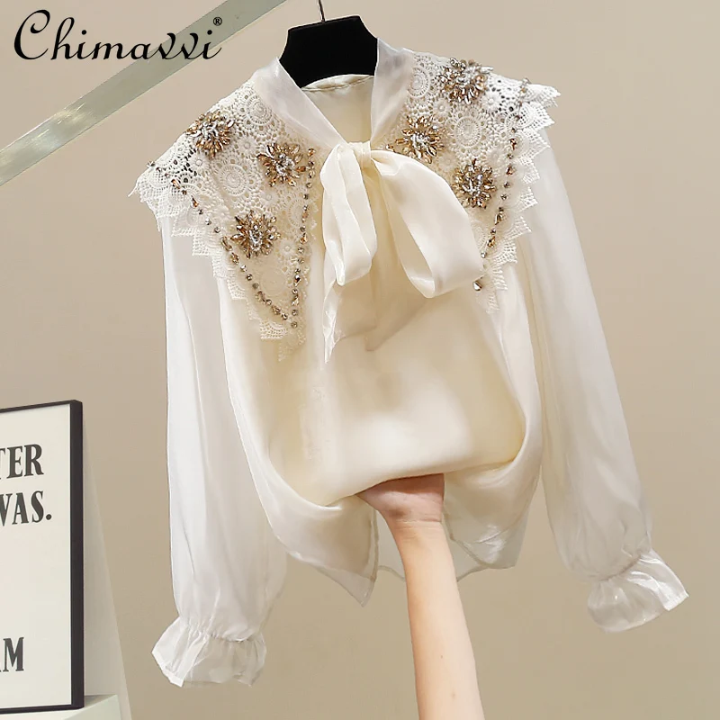 

Heavy Embellished Rhinestone Beaded Bow Tie Long Sleeve Top 2025 Autumn New Sweet Girl Loose Elegant Blouse Women's Shirt