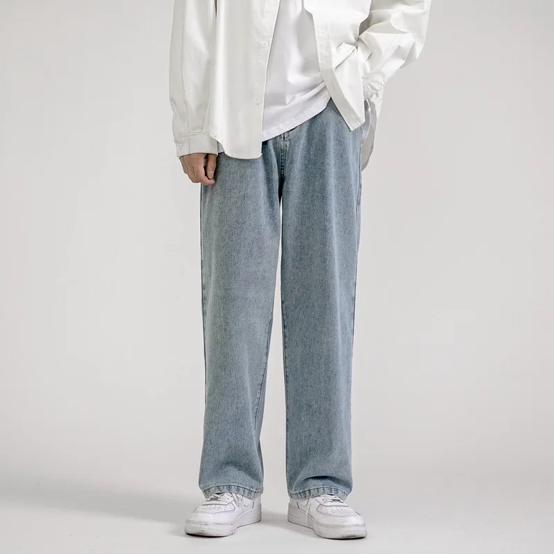 New 2023 Korean Fashion Men's Baggy Jeans Classic Unisex Man Straight Denim Wide-Leg Pants Hip Hop Bagy Light Blue Grey Black