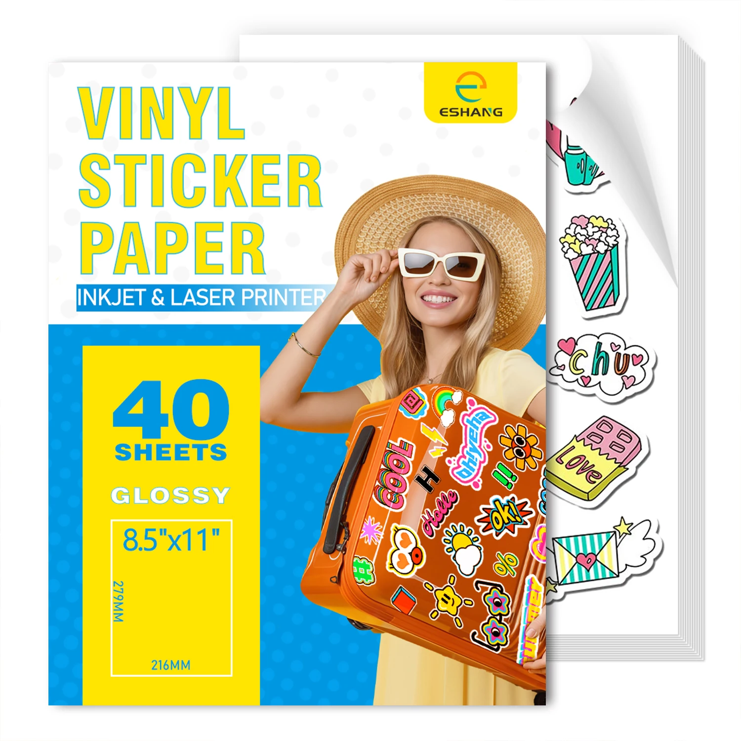 ESHANG Carta adesiva in vinile stampabile in formato lettera per stampante a getto d'inchiostro Fogli autoadesivi 8,5"x11" Si asciuga rapidamente