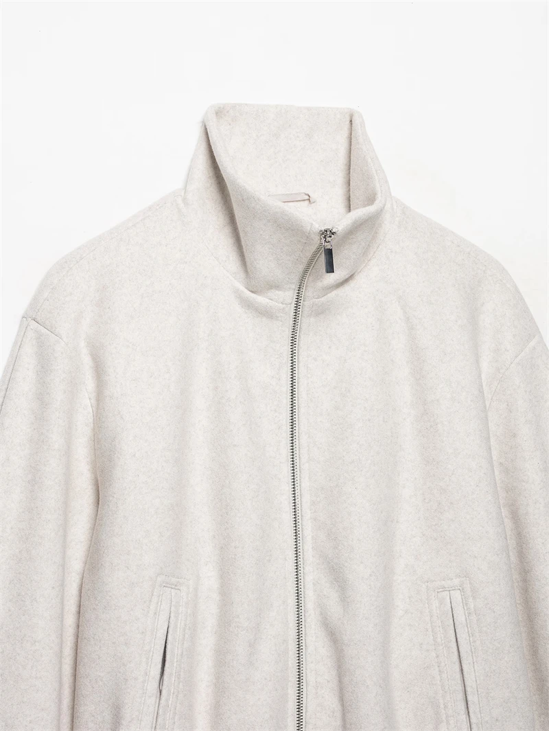 Guobioziy 2026 Spring Autumn Zip Up Cropped Jacket Stand Collar Lantern Sleeves Side Pockets Loose Fit Simple Daily Outer Coat