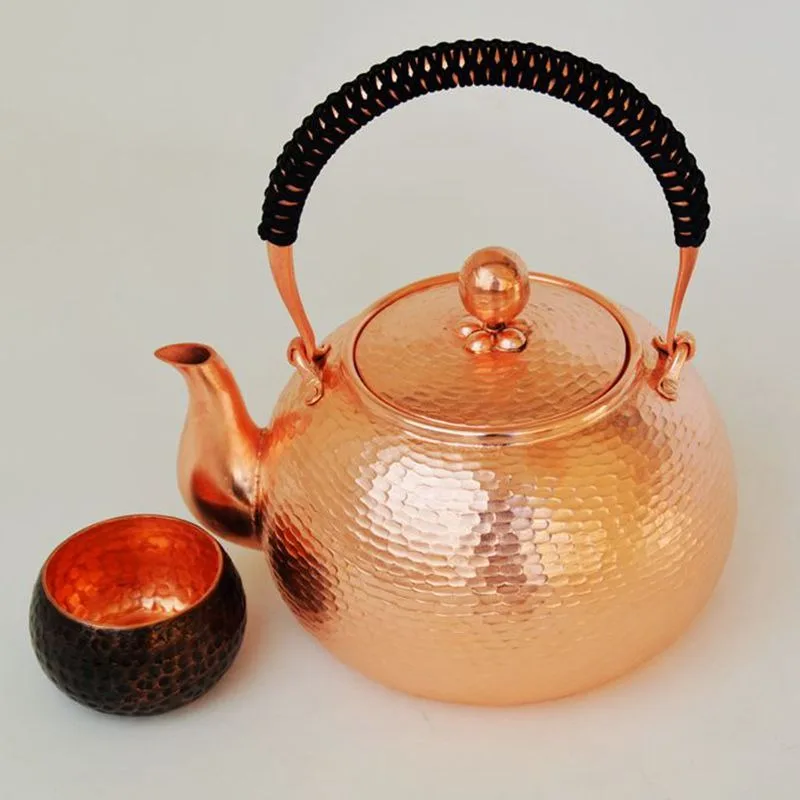 Hammered Red Copper Kettle With Wrapped Handle Hand Forged Large Capacity Copper Boiling Water Teapot For Home Tea Making