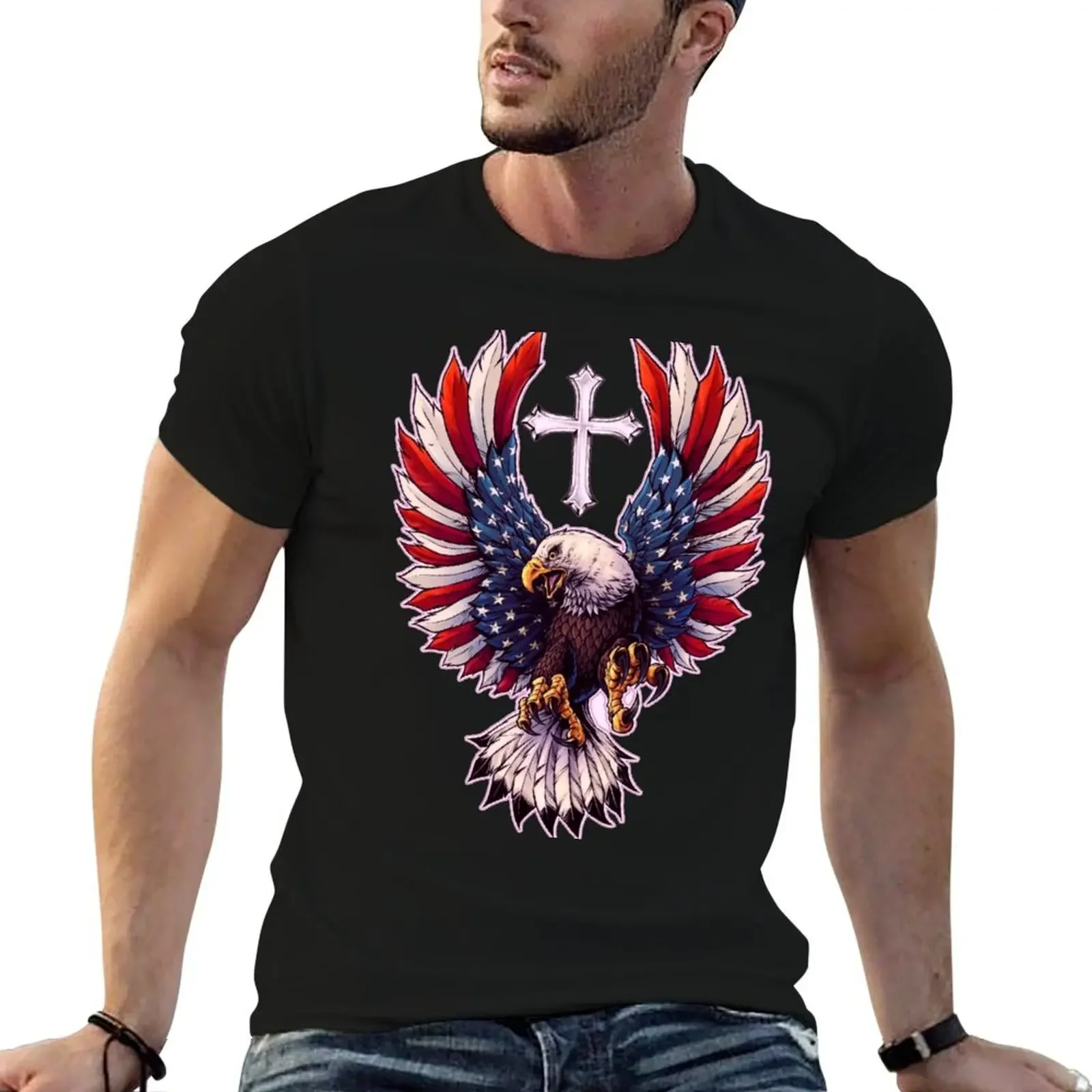 American flag eagle with Cross T-Shirt custom shirt rapper graphic tees cute tops heavyweights compression shirt men