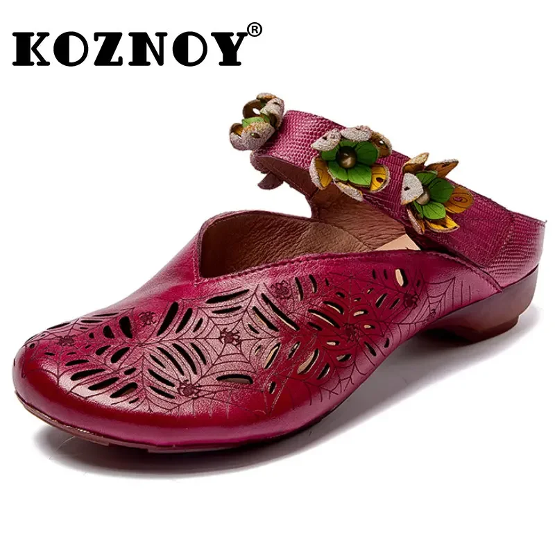 

Koznoy 2.5cm Women Sandals Ethnic Genuine Leather Lady Moccasins Breathable Summer Slippers Flats Appliques Flower Hollow Shoes
