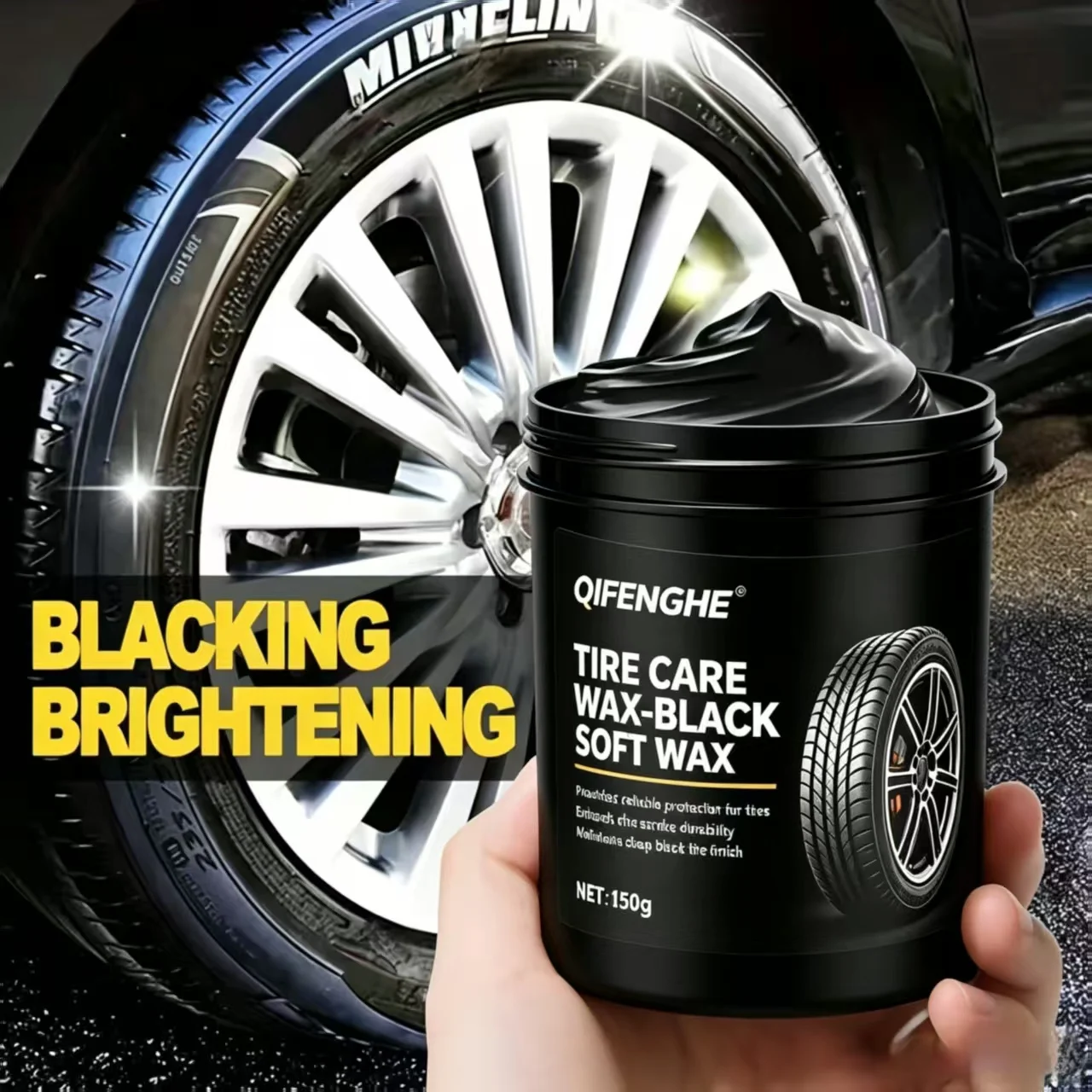 QIFENGHE 150g Black Soft Tire Care Wax Deep Black Shine Anti Aging Car Tire Renovator Long Lasting Protection Auto Rubber Tire D