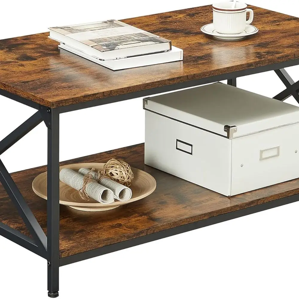 

Industrial Farmhouse Coffee Table with X-Frame and Storage, Rustic Brown/Black, 39.4x21.7x17.7