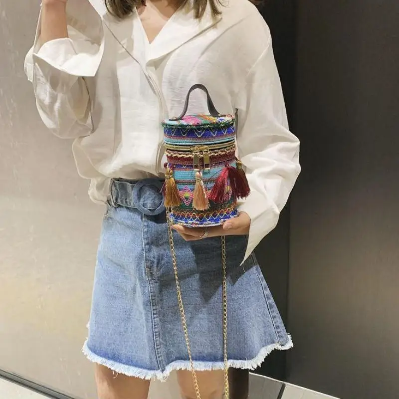 Mode Handtas Dames Tas Straddle Bag Strand Bohemian Cilinder Tas Nationale Stijl Ketting Meisje Schoudertas Crossbody Tas