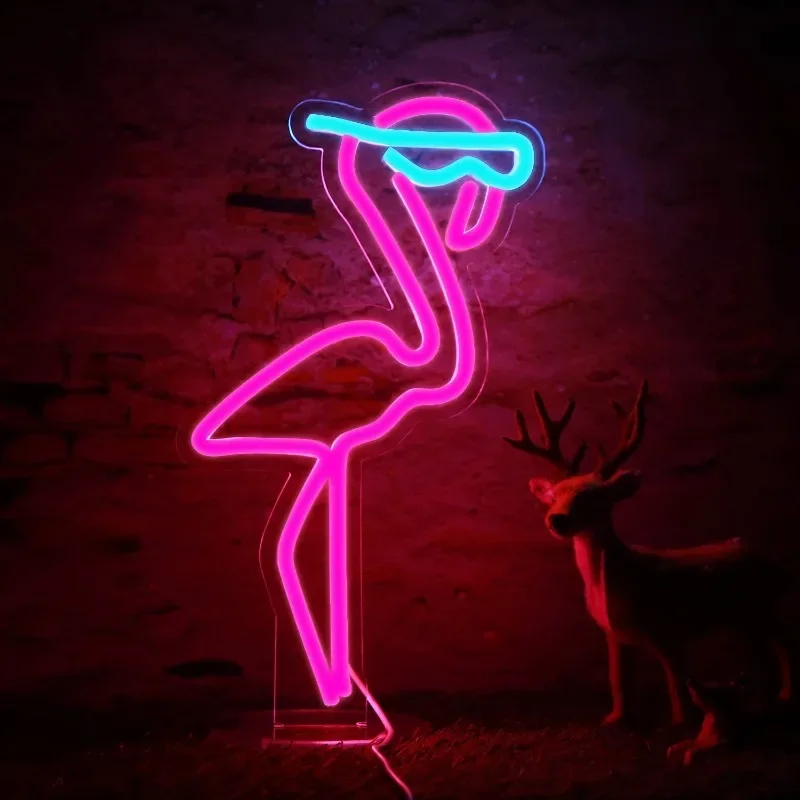 Flamingo Neon Sign Cool occhiali da sole supporto alimentato tramite USB incluso LED Light dimmerabile Wall Girls Bedroom Decoration