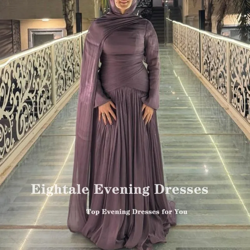 ชุดราตรีอาหรับแบบเอแปตเทล คอทรงโอ จับจีบ ผ้าเครป สีม่วงแบบมุสลิม แขนยาว ทรงเอไลน์ สำหรับงานพรอม งานแต่งงาน และงานเลี้ยงต่างๆ