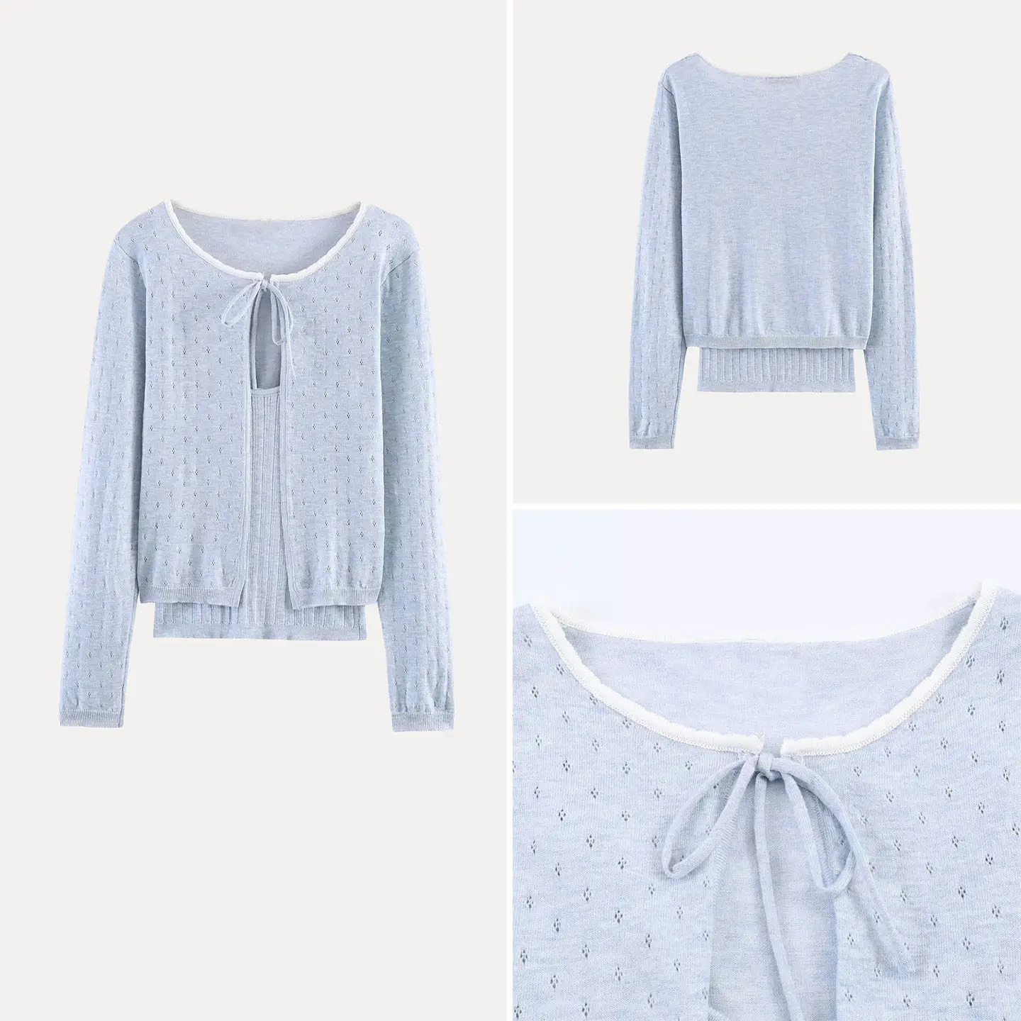 

Women's Summer 2026 New Knitted Open Cardigan Hollow out Color Block Belted Fake Two-Piece Style Regular Fit Casual Wear