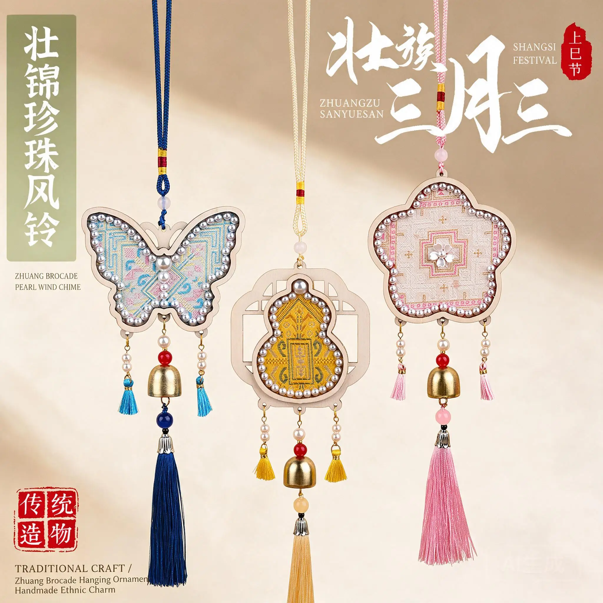 Diy Handmade Chinese Traditional Zhuang Brocade Wind Chime Making Kit With Pearl Bell Tassel Hanging Ornament For Festival Gifts