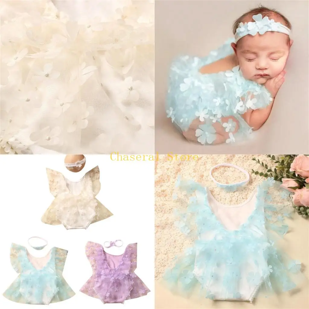 E7CE Newborn Photo Outfit Baby Mesh Romper Flower Headband Infant Photoshoot Clothes
